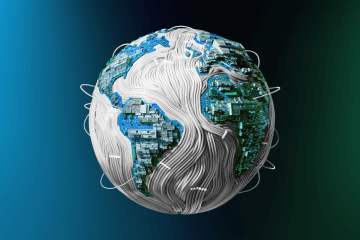 A rendering of the Earth showing the water as wires and the continents as electrical components.