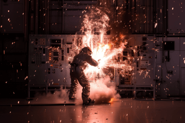 An arc flash event occurring while a person works on electrical equipment while wearing PPE.