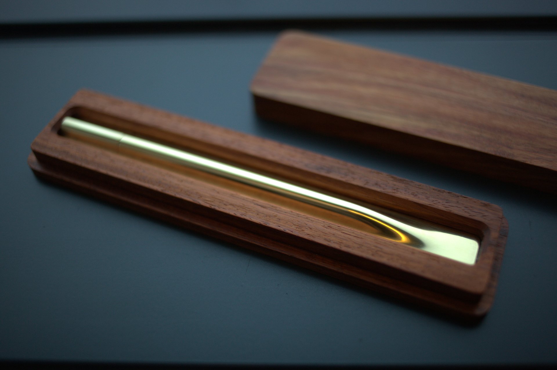 Bespoke brass pen, machined, hand finished, custom teak box